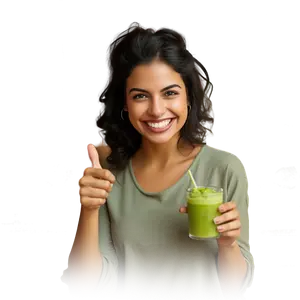 Chica con taza de té Matcha mostrando pulgar arriba