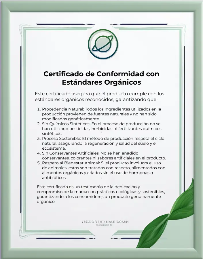 Certificado de cumplimiento con estándares orgánicos